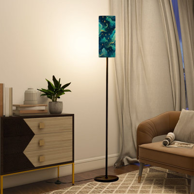 Modern Tall Floor Lamp with Remote Control Dimmable LED, Adjustable Lampshade Celestial Night Sky Turquoise Clouds Golden Stars for Living Room Bedroom Office