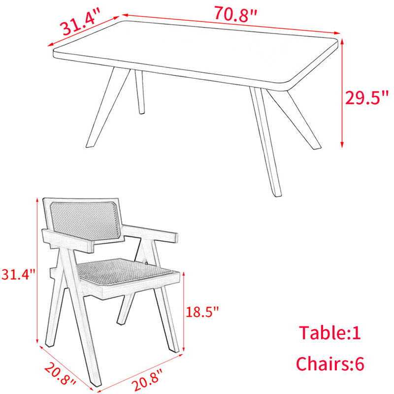 European style solid wood dining table set., 29.5"H x 31.4"L x 70.8"W