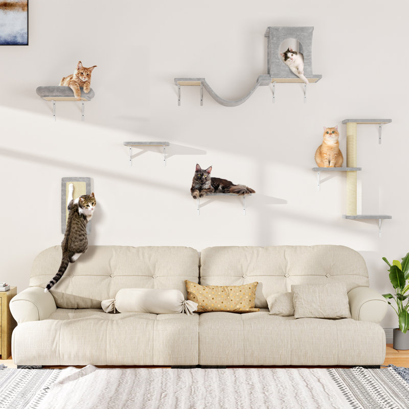 Wall Mounted Cat Climber Set with Floating Perch, Bridge, Kitten House, DIY Playground, Light Gray