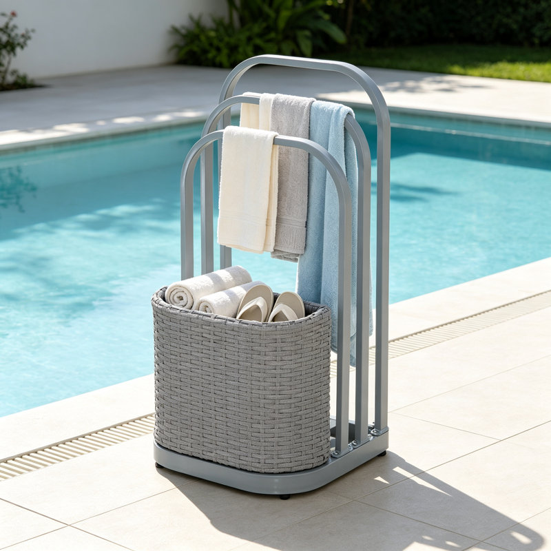 Étagère de rangement pour bouées de piscine Sunjoy 40 cm, structure en aluminium antirouille, résine tressée facile à nettoyer, idéale pour ranger coussins, bouées, frites de piscine et jouets de piscine. Grise.