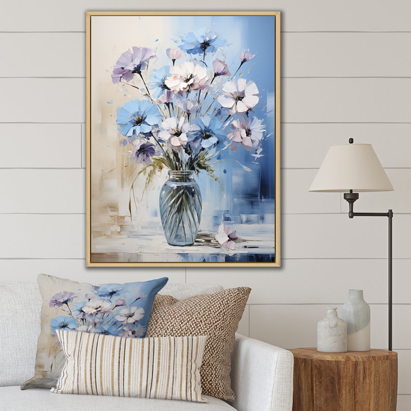 Bleu et mauve, symphonie de bleuets sur toile, White Picture Framed, 44" H x 34" W
