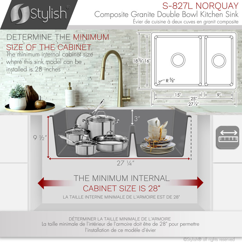 Gray 27" Dual Mount Composite Granite Double Bowl Kitchen Sink
