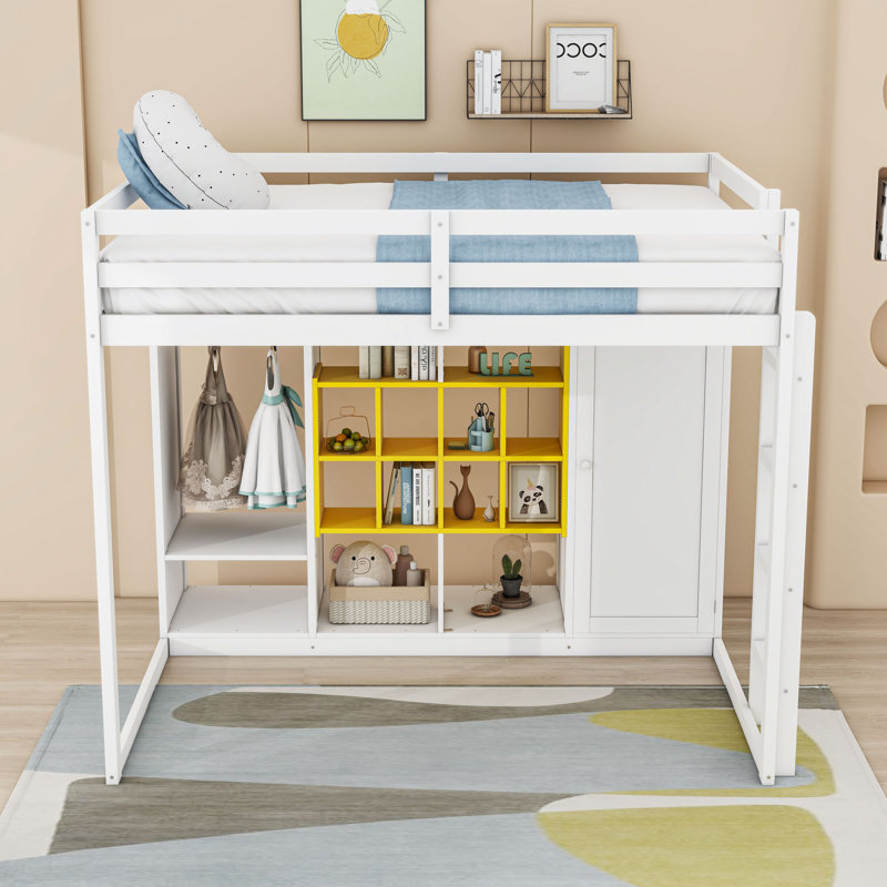 Lit mezzanine en bois avec tablettes vibrantes, garde-robe et échelle réversible, Double, Blanc / jaune