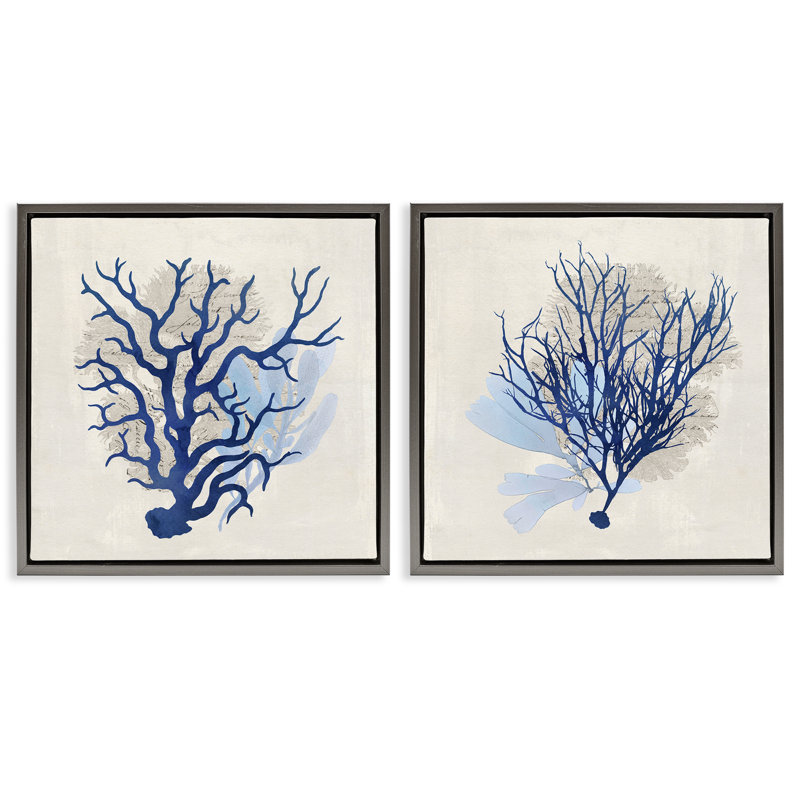  «Blue Coral Branches», ensemble de 2 toiles flottantes encadrées par Susan Arnot, H 18 po x l 18 po