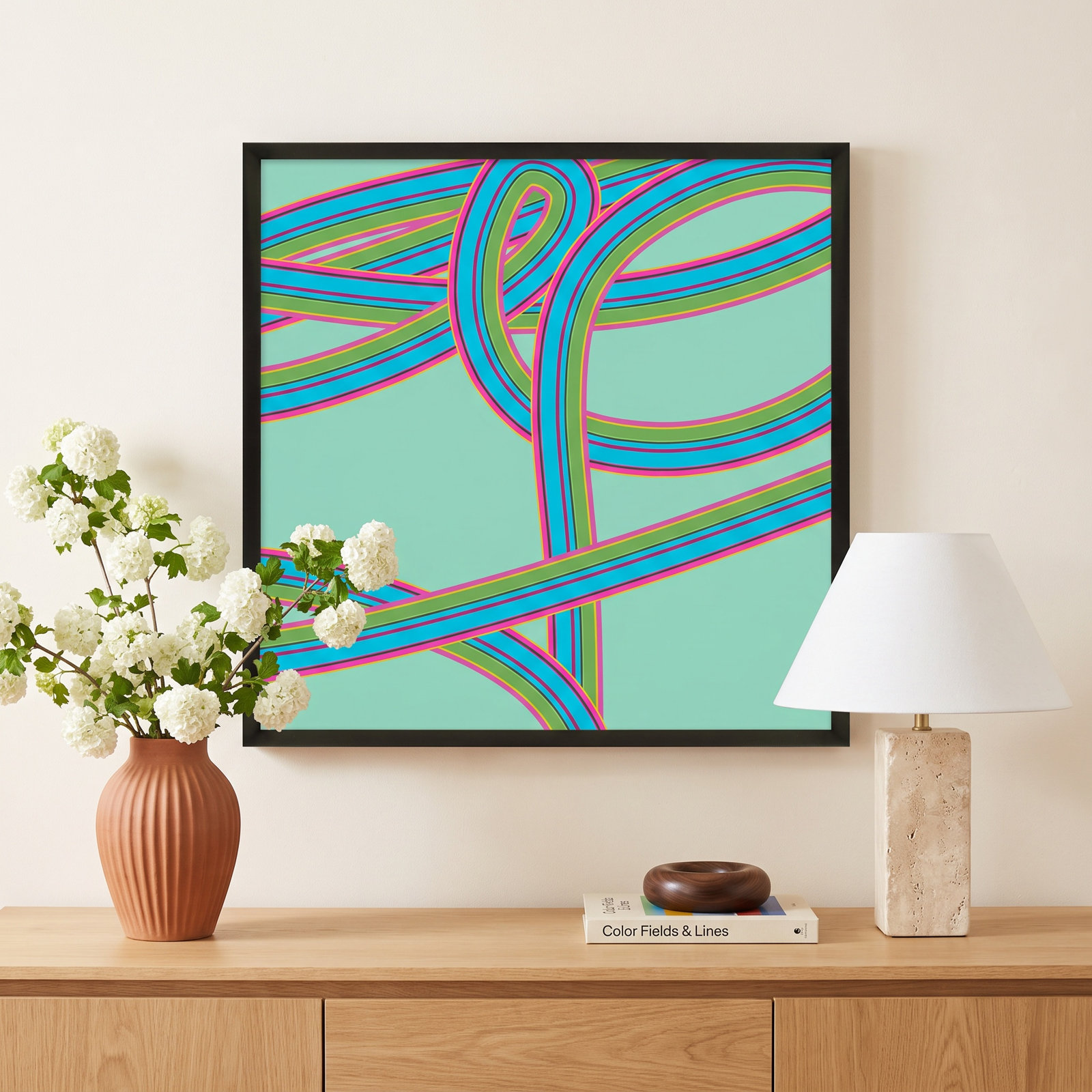 Polo "Turquoise Twist" Print by Jacques Pilon, 24" H x 24" W x 1.25" D, Black