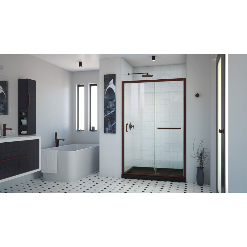DreamLine Infinity-Z P 32 po x l 54 po x H 74 3/4 po porte de douche coulissante semi-sans cadre en bronze huilé avec base de douche noire