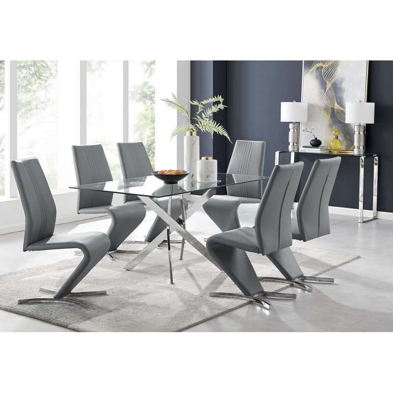 Lenworth Modern Chrome Metal and Glass Dining Table Set with 6 Luxury Faux Leather Dining Chairs, Elephant Gray