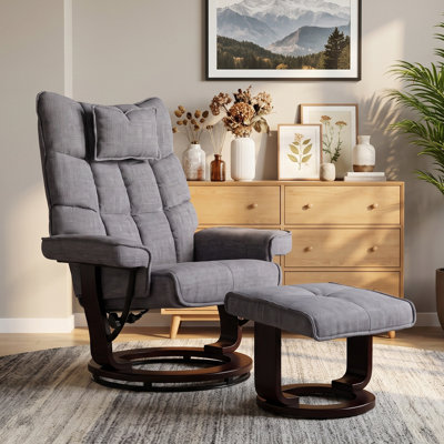 8‑Point Massage Recliner with Ottoman, Heated Chenille Fabric Reclining Lounge Chair with Bent Wood Base, Indoor TV Chair for Living Room and Bedroom, Grey
