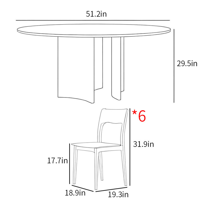 Modern simple home round dinning table sets, 7 pieces: 1 Table, 6 Chairs, 29.5”H x 51.2”L x 51.2”W