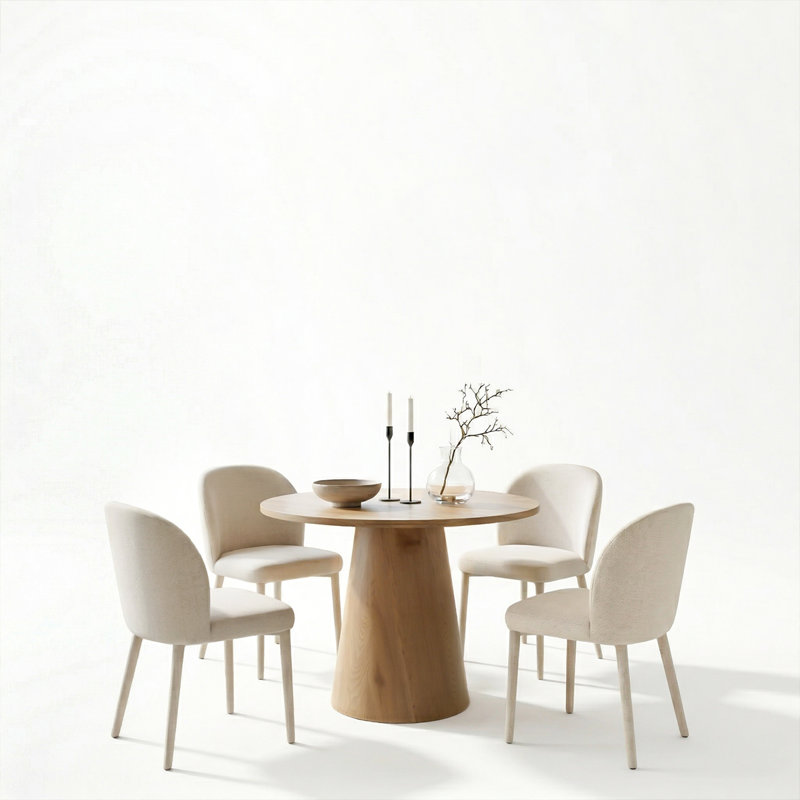 Modern 35" Round Dining Table Set for 4, Pedestal Kitchen Table with Upholstered Dining Chairs, Beige, Natural
