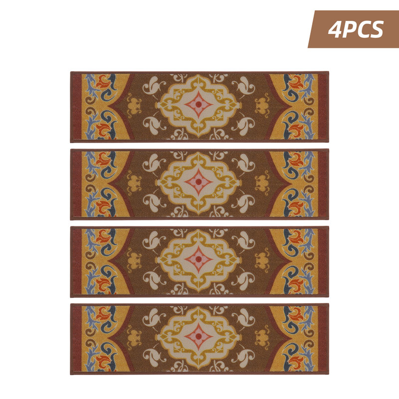 Tapis d'escalier antidérapant Nalesha, Brun géométrique, Rectangle 30 po x 8 po, 4