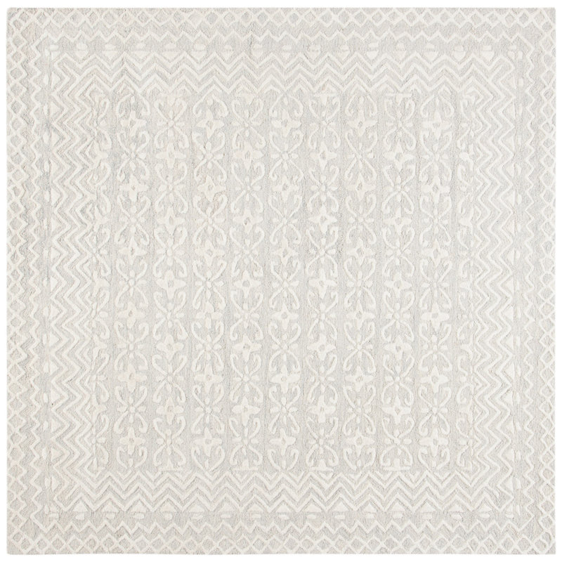 Jahiem Geometric Handmade Tufted Wool Gray/Ivory Area Rug, Square 6'