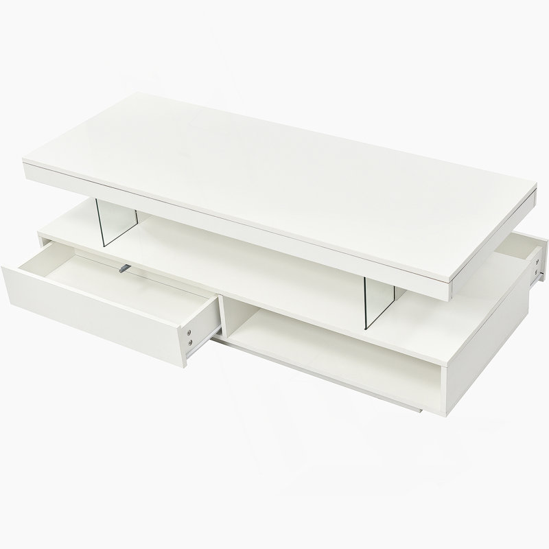 Table basse rectangulaire avec plateau en bois manufacturé, tablette et tiroir