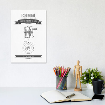 Charles W. MacCord Fishing Reel Patent Sketch Retro (Charcoal) by Aged Pixel - Wrapped Canvas Gallery-Wrapped Canvas Giclée