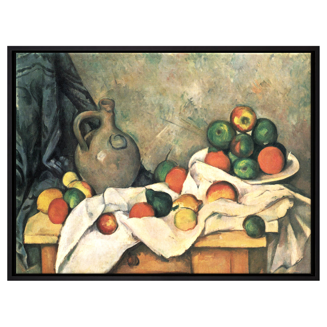 Gerahmtes Leinwandbild Stillleben mit Vorhang, Krug und Obstschale von Paul Cézanne