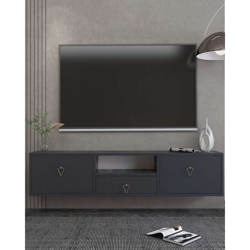 Modern TV Stand with Multiple Shelves, Anthracite & Gold, 55.1 x 11.8 x 11.8 inches | 100% Melamine Coated Particle Board, Thickness: 0.7 inches | Stylish & Functional Storage Solution for Living Room, Entertainment Spaces