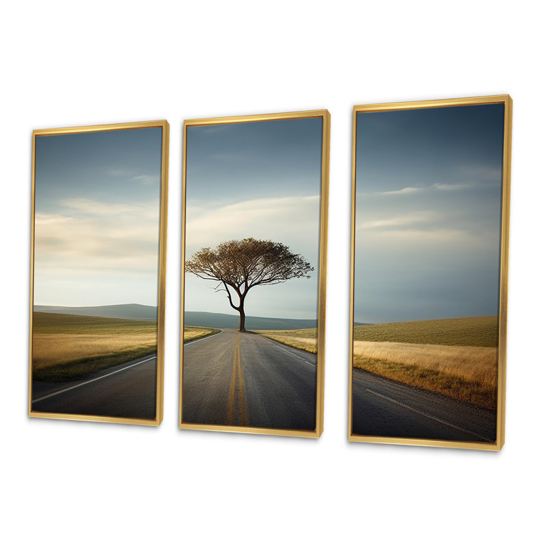 «Highway Photo Scenery On The Road» - ensemble de décoration murale route, Cadre flottant doré, H 32 po x l 48 po x P 1 po