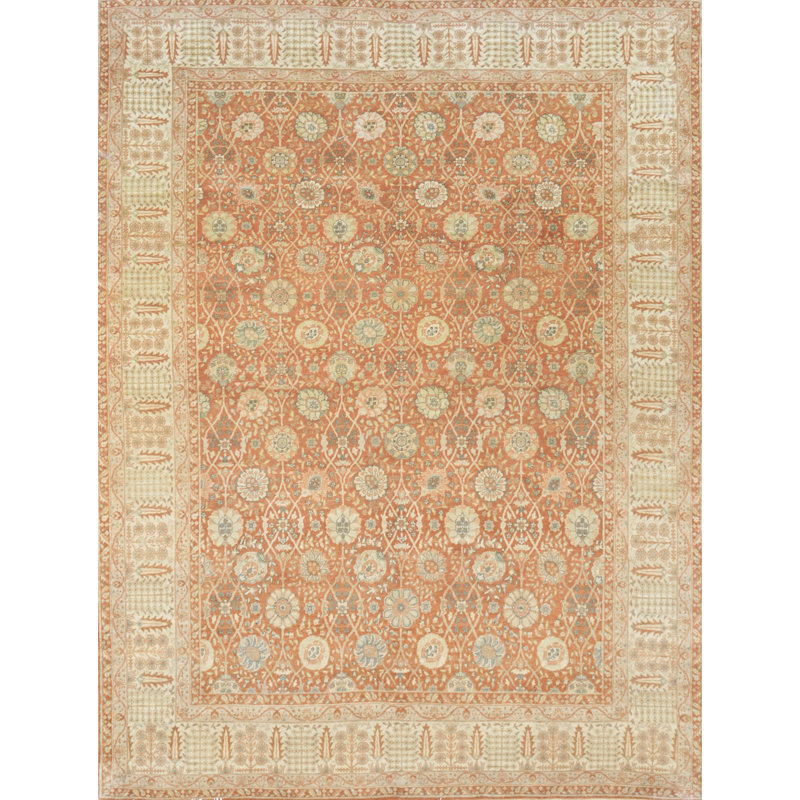 Tapis corail / beige / ivoire / bleu en laine noué à la main de conception unique 8 pi 3 po x 10 pi 9 po Superbe