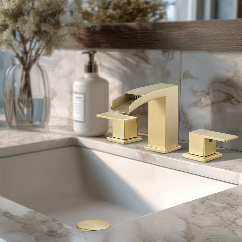 8-Inch Widespread Waterfall Bathroom Sink Faucet 2-Handle 3-Hole with Drain Assembly Brushed Brushed Gold, Brushed Gold