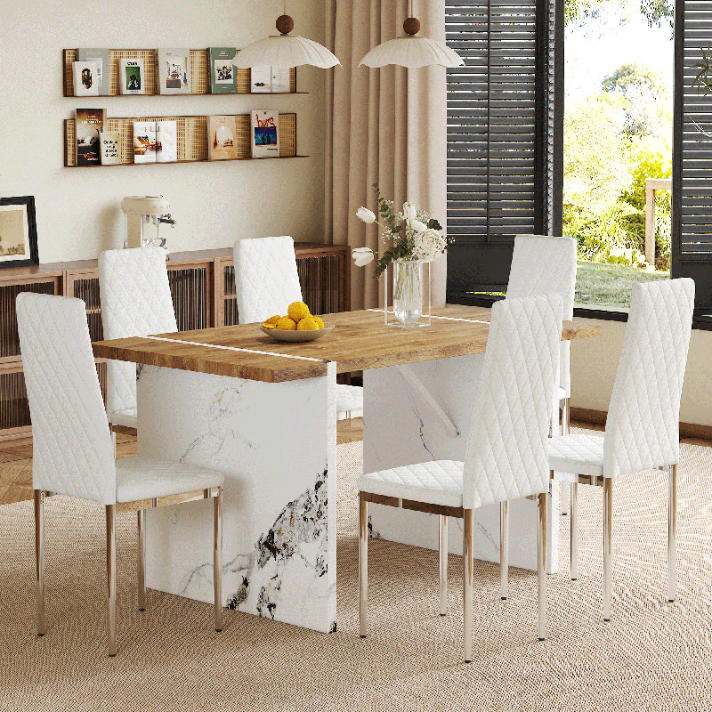  Table de salle à manger en panneau de fibres à densité moyenne 55 po x 31,5 po avec 6 chaises blanches, finition bois naturel, ensemble minimaliste, blanc
