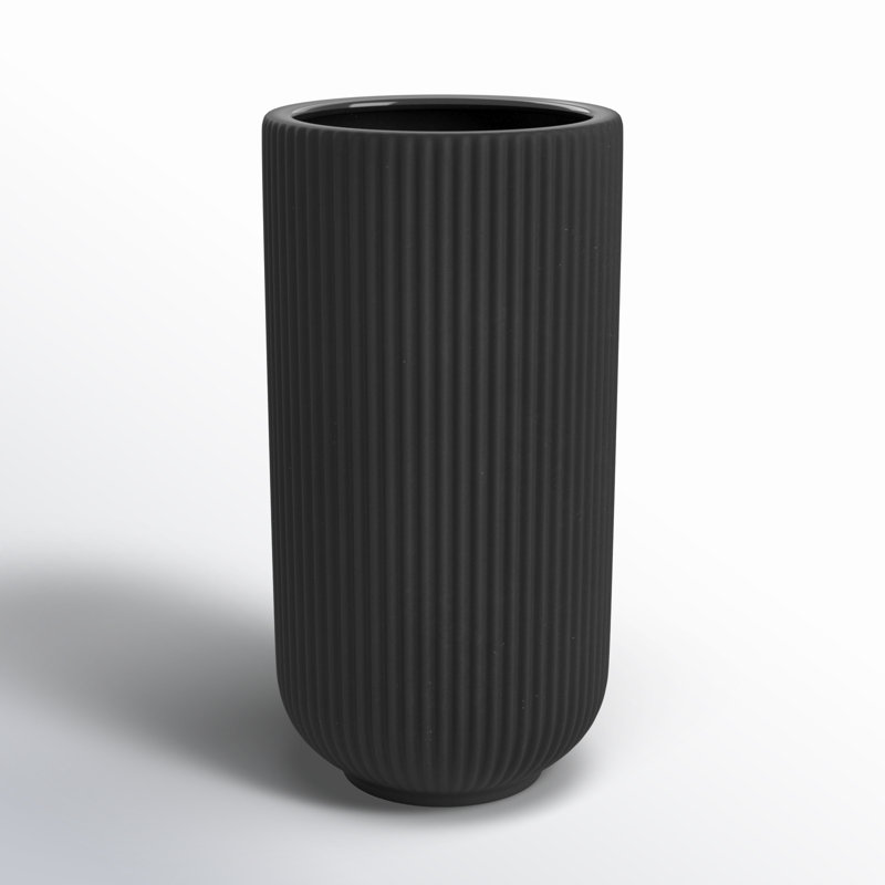 Zed Ribbed Ceramic Handcrafted Watertight Table Vase, Black, 9" H x 5" W x 5" D