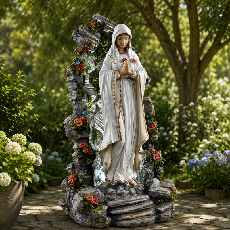 Statue grotto de jardin illuminée vierge marie béni