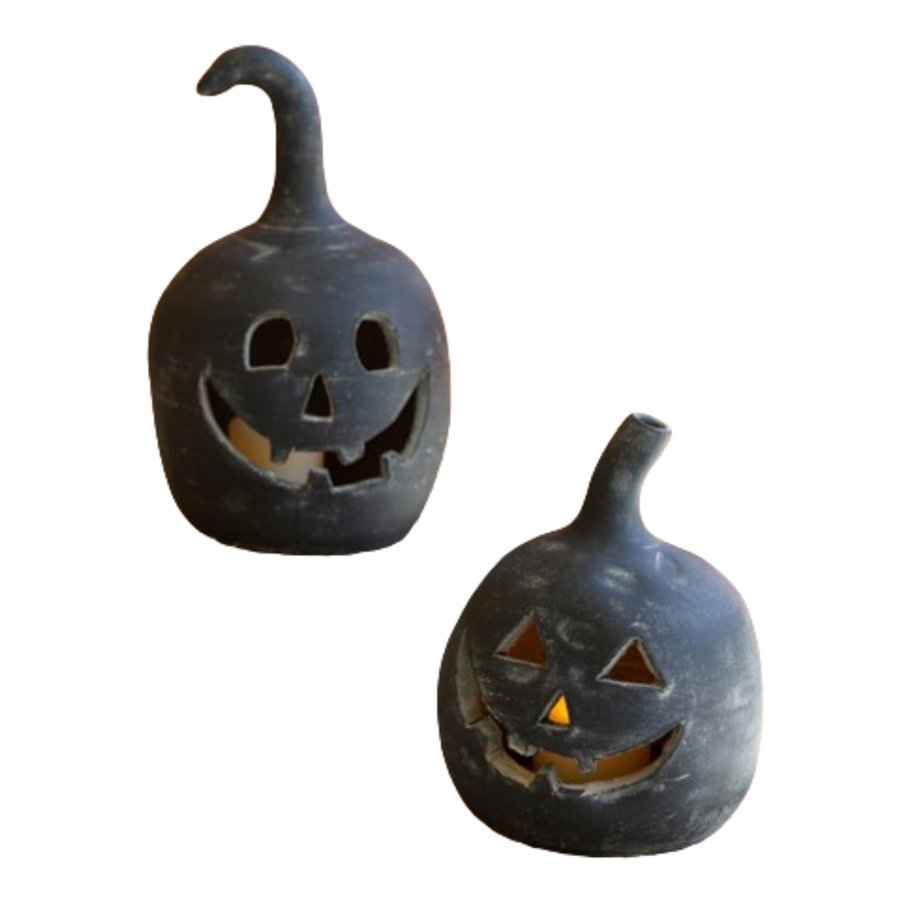 SET OF TWO BLACK CLAY JACK-O-LANTERNS