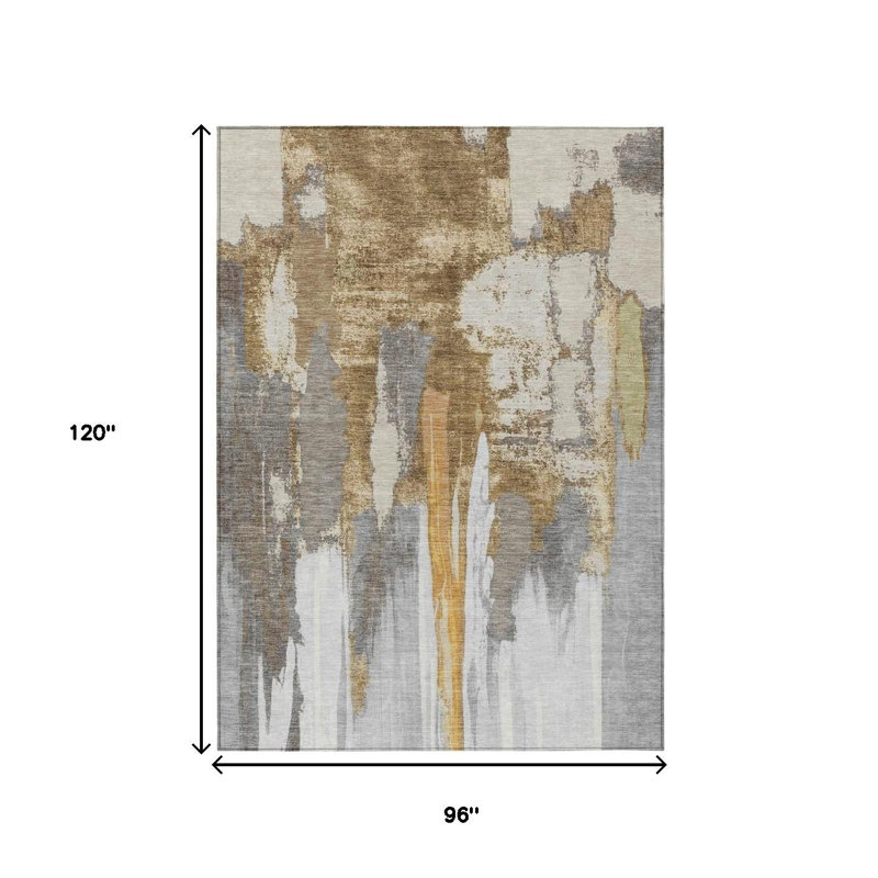 Tapis intérieur lavable abstrait ivoire et doré 8 pi x 10 pi