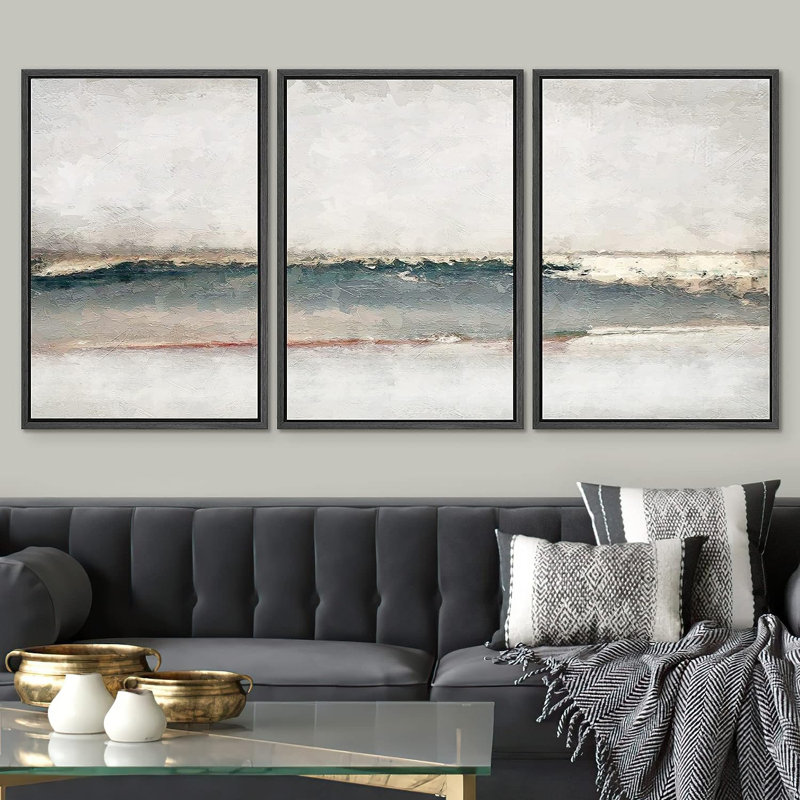 «Grunge Gold Pastel Landscape», reproduction de tableau sur toile 3 pièces, Cadre noir, H 24 po x l 16 po x P 1,5 po