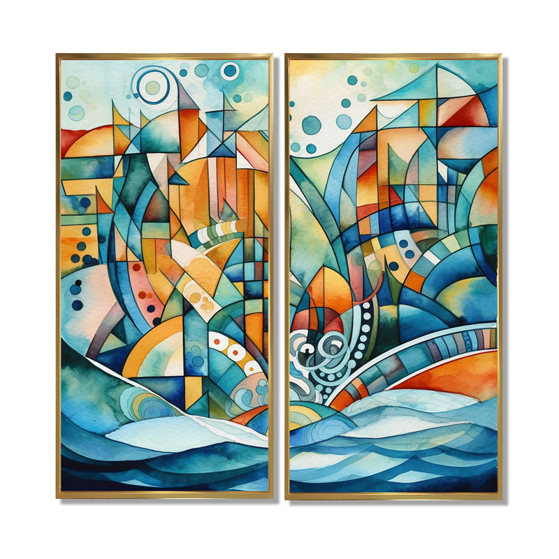 «Blue and orange», art mural moderne sur toile crème 2 pièces, H 40 po x l 40 po, Impression encadrée flottante, Doré