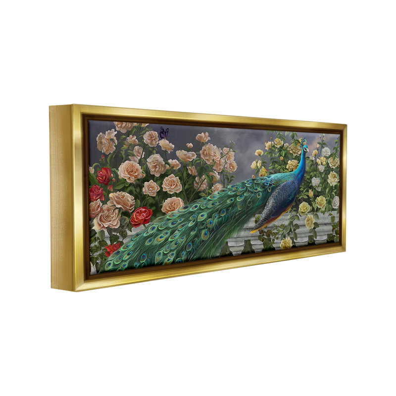 «Peacock & Cottage Blossoms Floater Frame» par Nene Thomas sur toile, Cadre flottant métallique doré, H 11 po x l 25 po