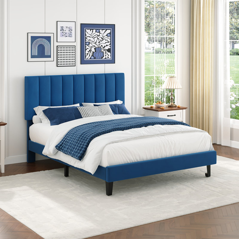 Structure de lit, structure de lit tapissier en velours avec tête de lit capitonnée à rainure verticale, hauteur de tête de lit ajustable pour matelas de 8 à 12 po, silencieux