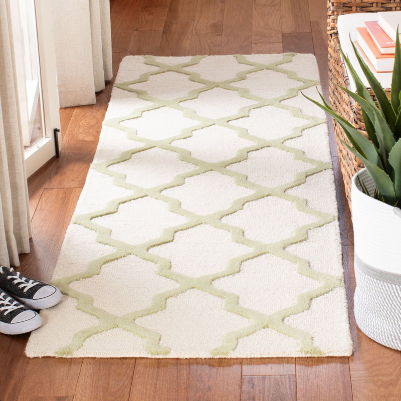 Cannen Hand Tufted Wool Geometric Rug, Runner 2'6" x 8', Ivory/Light Green