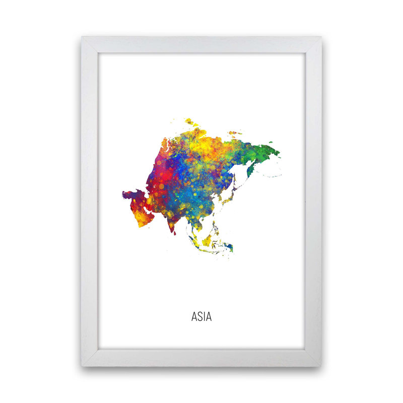 Asia Watercolour Map by Michael Tompsett - Print, White Framed, 46cm H x 34cm W x 3cm D