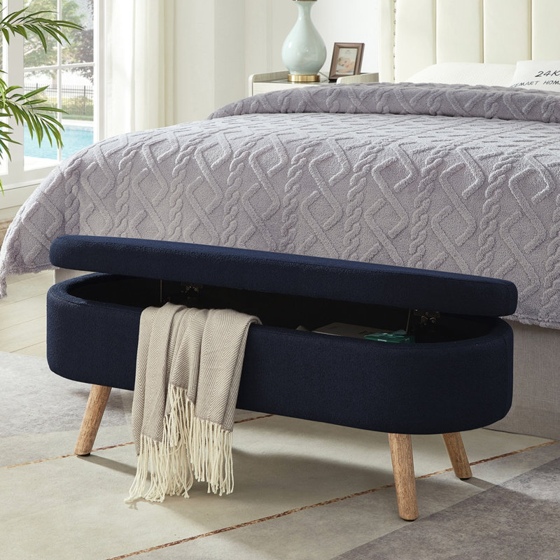 Boucle Storage Ottoman Bench With Wood Legs, Navy Blue