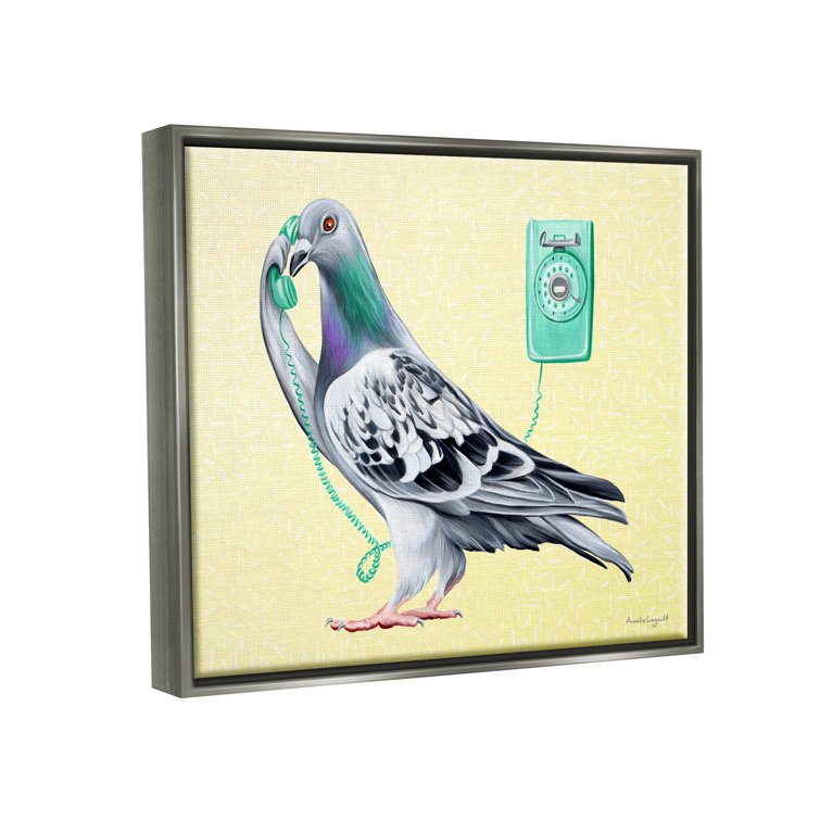 Pastel Pigeon Vintage Phone Call Yellow Background by Amelie Legault - Floater Frame Print on Canvas