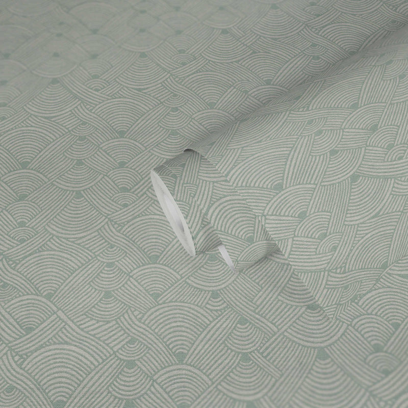 Ashmoore Geo Swirl Motif 10.05m x 53cm Textured Matte Wallpaper Roll, Green/White