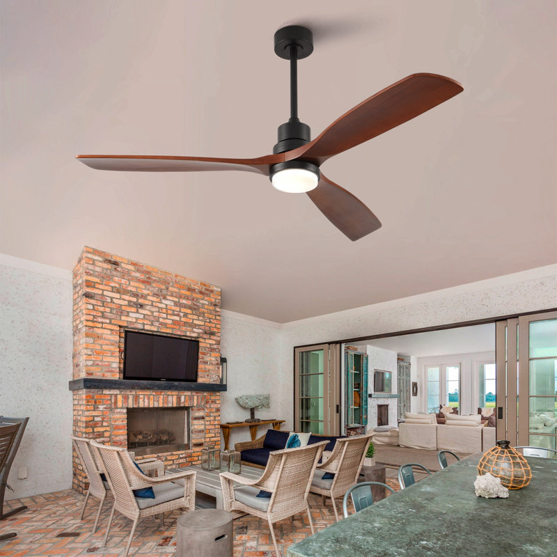 Hot Sales 60 Inch Modern Black Ceiling Fan With Light 3 Solid Wood Blades Remote Control Reversible DC Motor With Dimmable LED
