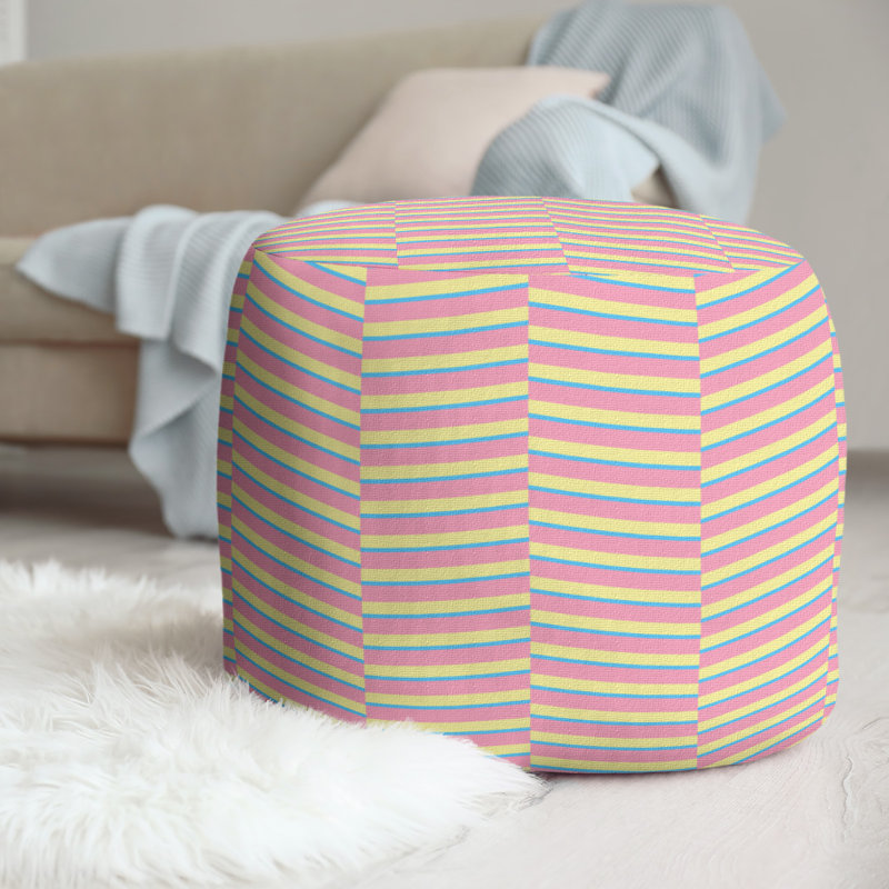 Upholstered Pouf, Pink Blue/Yellow