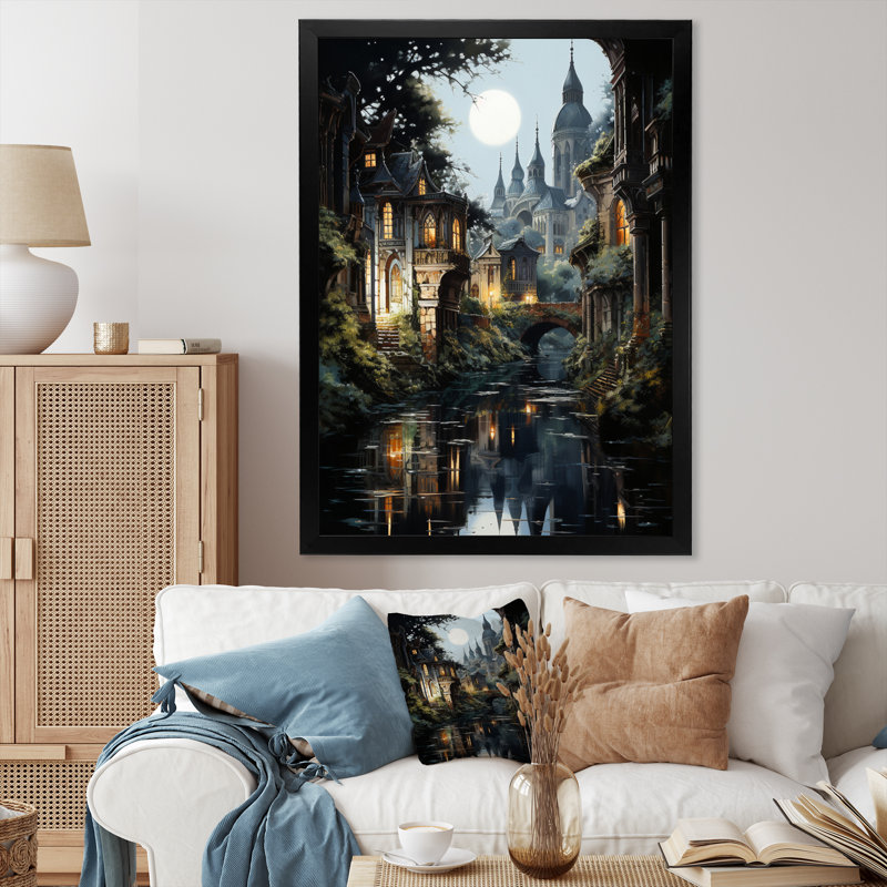 "Gray Canal", art mural sur toile Cityscapes, Cadre photo noir, H 20 po x l 12 po x P 1 po
