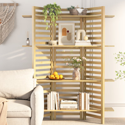 Paravent avec tablettes, écran d'intimité pliable en bois de 60 po de hauteur, cloisons de séparation pour chambre à coucher, bureau personnel, décoration d'exposition d'art, bibliothèque pliante et support à plante (3 panneaux, naturel)