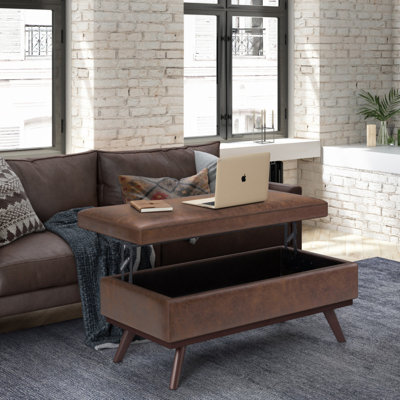 Owen 42"W Upholstered Vegan Leather Mid-Century Modern Rectangular Lift-Top Ottoman with High-Density Foam