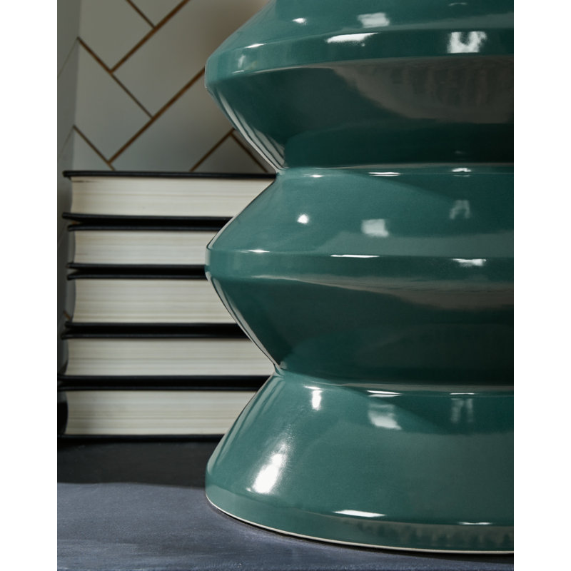 Modern Teal Ceramic Curved 17'' Indoor-Outdoor Accent Stool