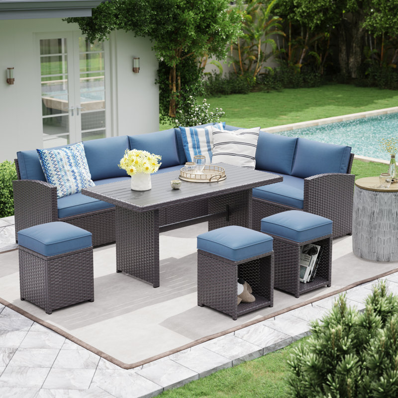 Ensemble de mobilier de jardin modulaire en résine tressée Atvars pour 8 personnes avec poufs de rangement, Bleu
