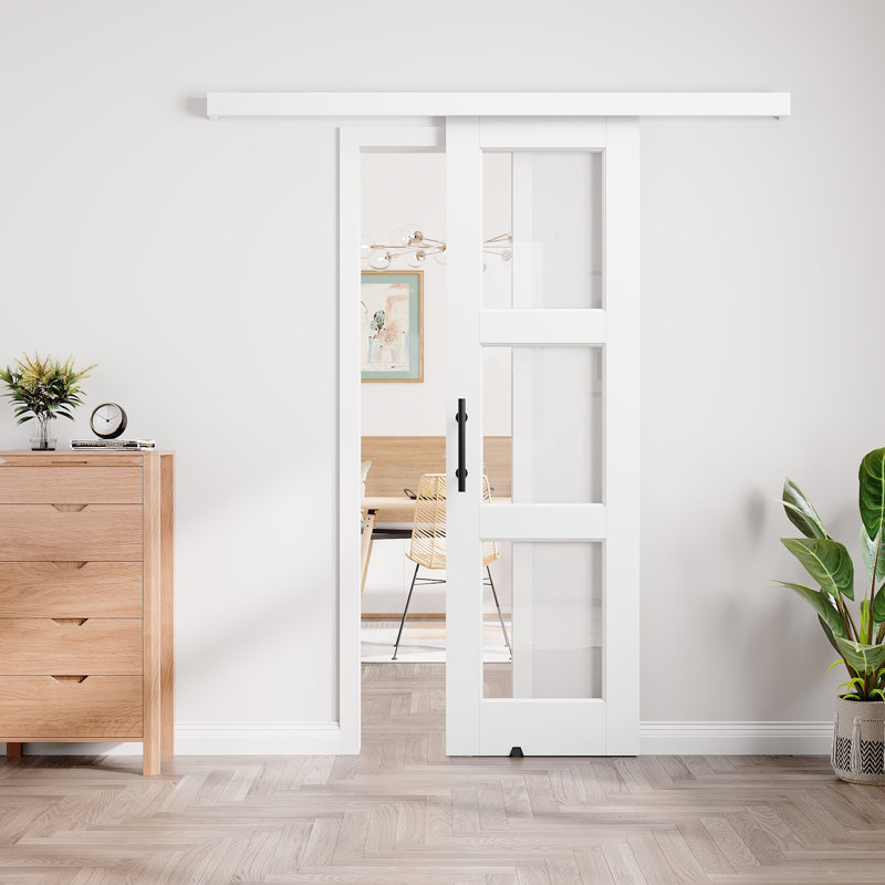 Porte coulissante de style grange avec rail dissimulé, apprêt blanc, 3 panneaux en verre transparent, pour placard ou garde-manger, avec trousse de quincaillerie (aucun assemblage requis)