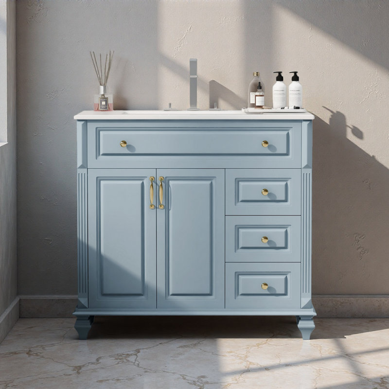 Meuble-lavabo de 36 po avec lavabo, armoire de salle de bain en bois massif avec tiroir rabattable, 3 tiroirs et 2 portes, conception élégante