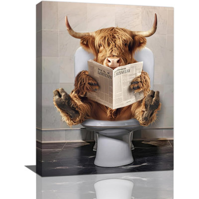 Highland Cow Bathroom Wall Art Funny Farmhouse Bathroom Pictures Wall Decor Western Cow On Toilet Canvas Print Painting Home Bathroom Signs Decoration Artwork Framed Cow Gifts 12"X16"