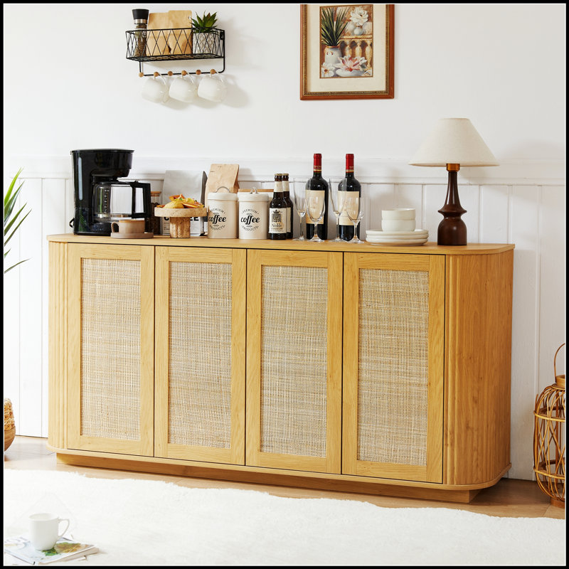 64-Inch Wave Shaped TV Stand, Rounded Corner Sideboard, Storage Cabinet With Rattan Doors For Modern Living
