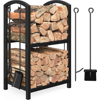 Firewood Rack With Fireplace Tools Set, Fireplace Tool Rack For Indoor Outdoor Fire Log Holder Wrought Iron Large Wood Stove With Firepit Tools, Brush, Shovel, Poker, Tongs, Black
