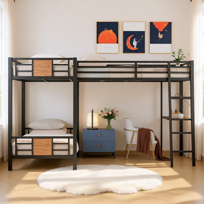 L-Shaped Twin over Twin Bunk Bed with Twin Loft Bed, Built-in Desk and Shelves, Metal & MDF Frame, Space-Saving Design for Kids or Guests, Black Finis by Harriet Bee